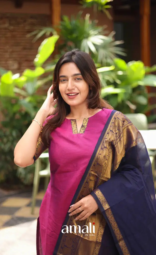 Meera Chettinad Cotton Salwar - Magenta Pink and Navy Blue salwar