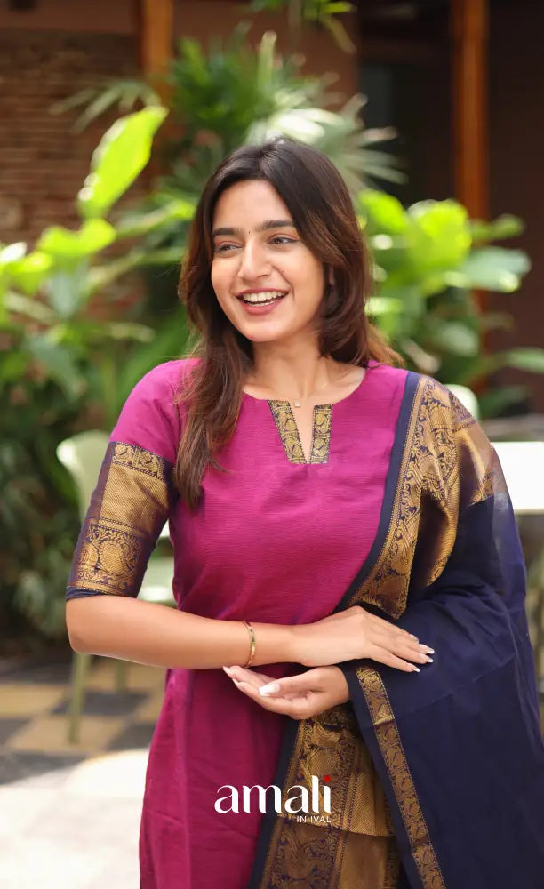 Meera Chettinad Cotton Salwar - Magenta Pink and Navy Blue salwar