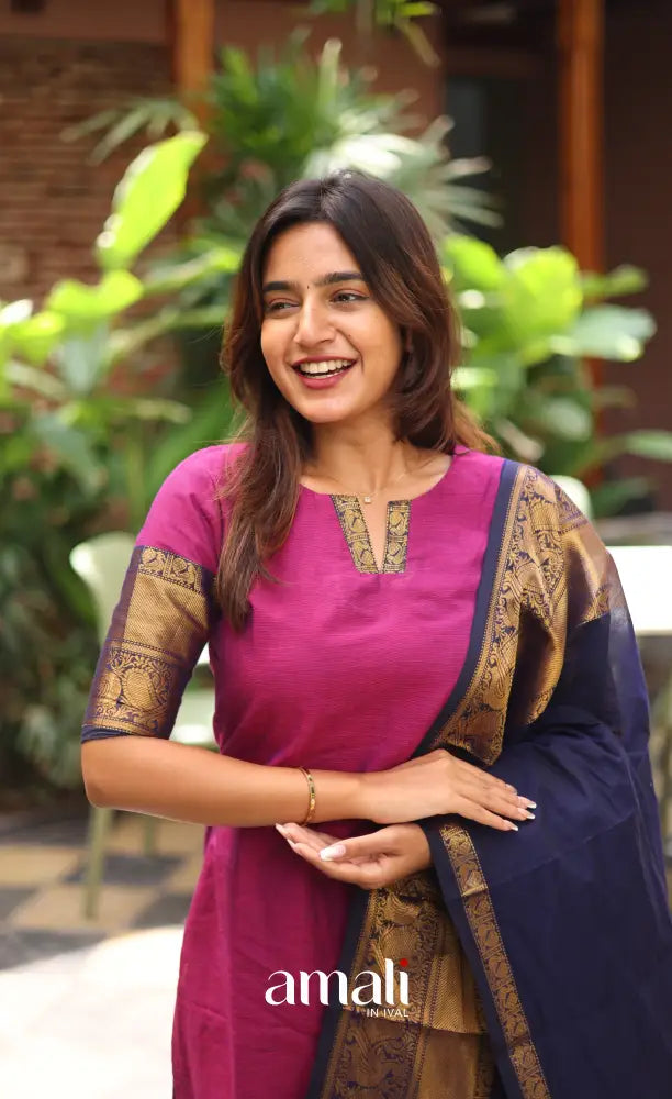 Meera Chettinad Cotton Salwar - Magenta Pink and Navy Blue salwar