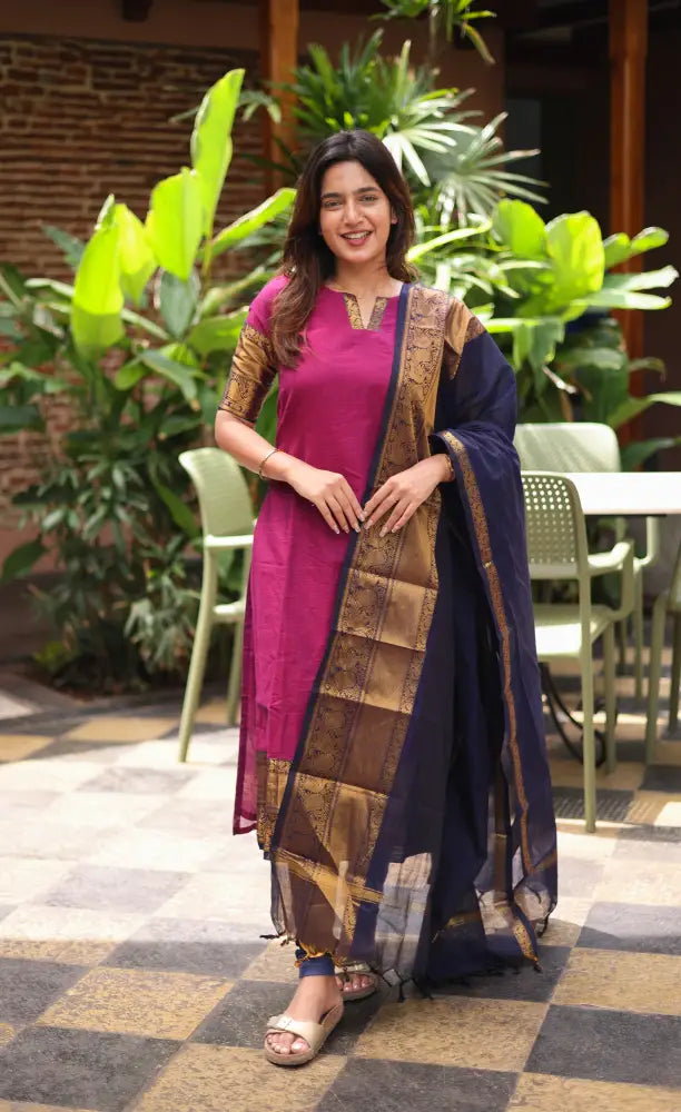 Meera Chettinad Cotton Salwar - Magenta Pink and Navy Blue salwar