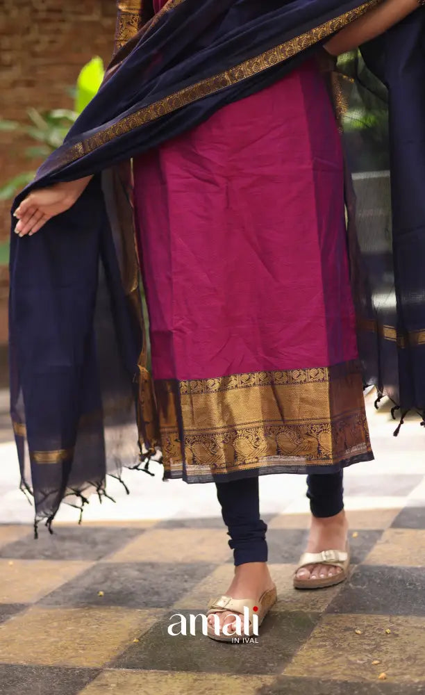 Meera Chettinad Cotton Salwar - Magenta Pink and Navy Blue salwar