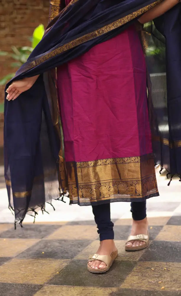 Meera Chettinad Cotton Salwar - Magenta Pink and Navy Blue salwar