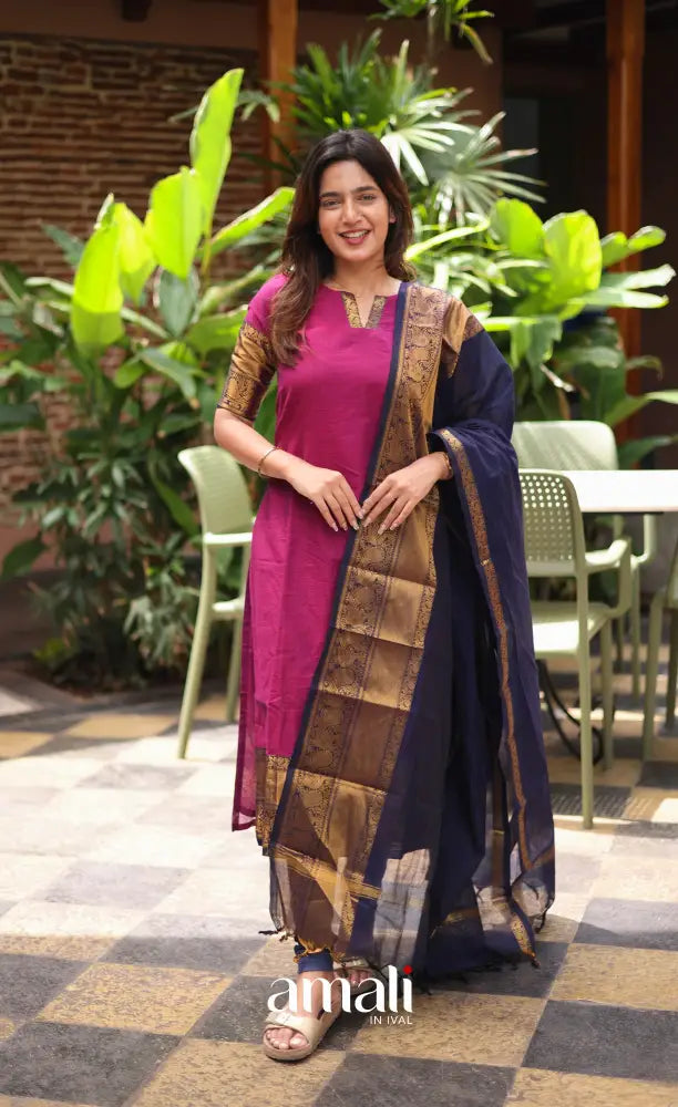 Meera Chettinad Cotton Salwar - Magenta Pink and Navy Blue salwar