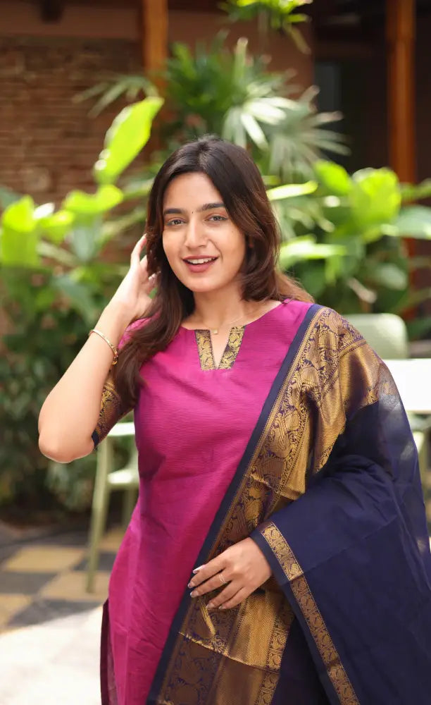Meera Chettinad Cotton Salwar - Magenta Pink and Navy Blue salwar