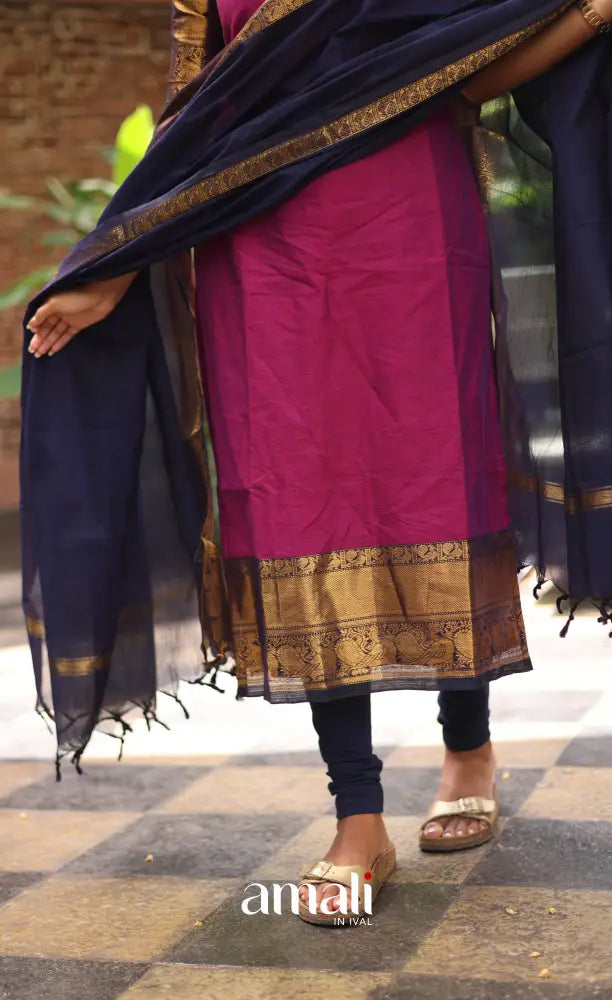 Meera Chettinad Cotton Salwar - Magenta Pink and Navy Blue salwar