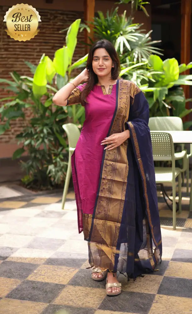 Meera Chettinad Cotton Salwar - Magenta Pink and Navy Blue salwar