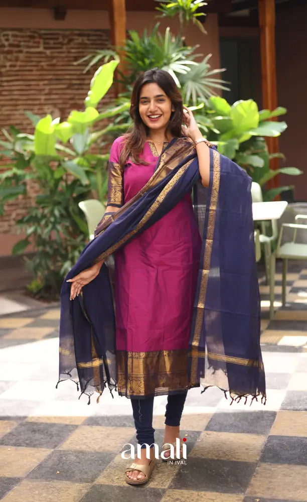 Meera Chettinad Cotton Salwar - Magenta Pink and Navy Blue salwar