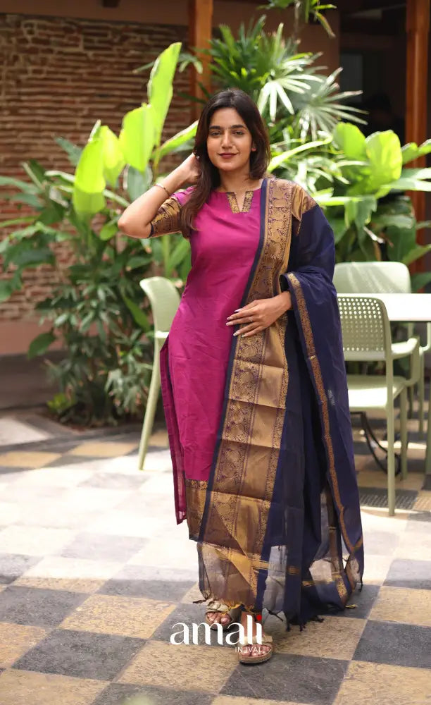 Meera Chettinad Cotton Salwar - Magenta Pink and Navy Blue salwar