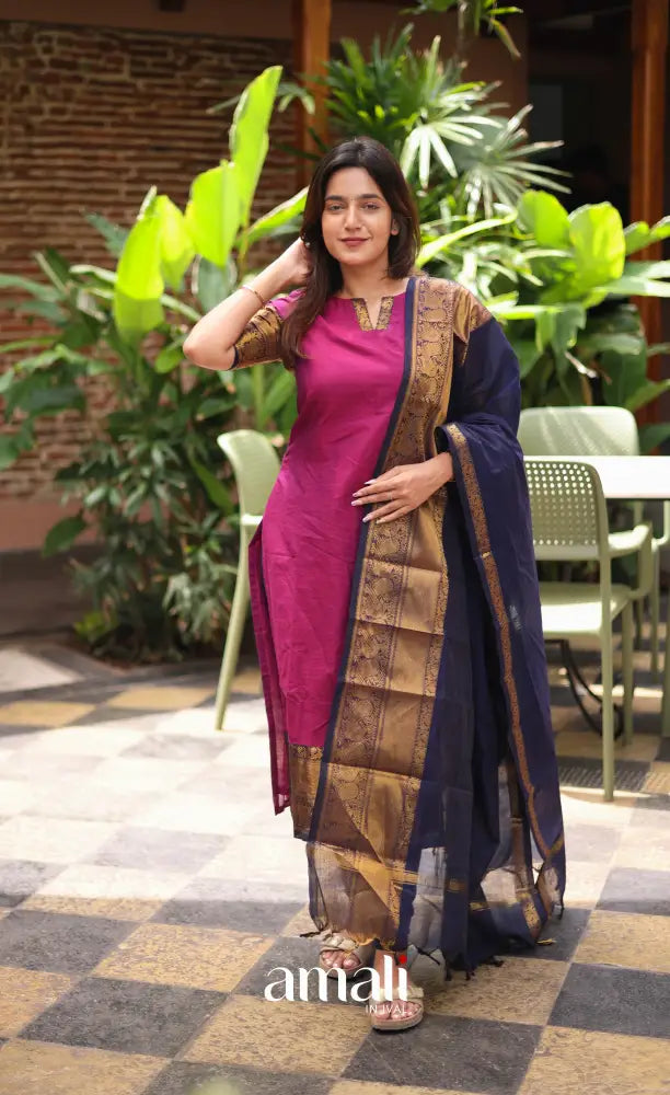 Meera Chettinad Cotton Salwar - Magenta Pink and Navy Blue salwar