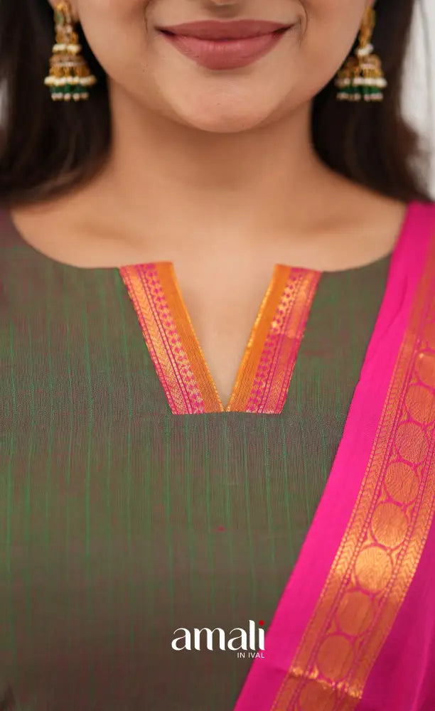 Meera Chettinad Cotton Salwar - Manthalir Green and Bright Pink - salwar
