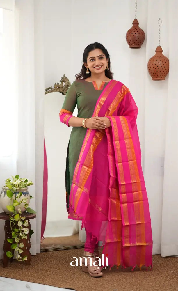 Meera Chettinad Cotton Salwar - Manthalir Green and Bright Pink - salwar