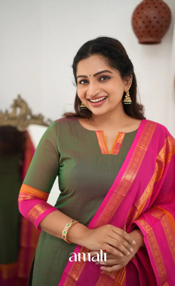 Meera Chettinad Cotton Salwar - Manthalir Green and Bright Pink - salwar