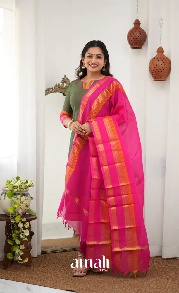 Meera Chettinad Cotton Salwar - Manthalir Green and Bright Pink - salwar