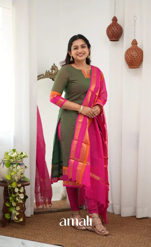 Meera Chettinad Cotton Salwar - Manthalir Green and Bright Pink - salwar