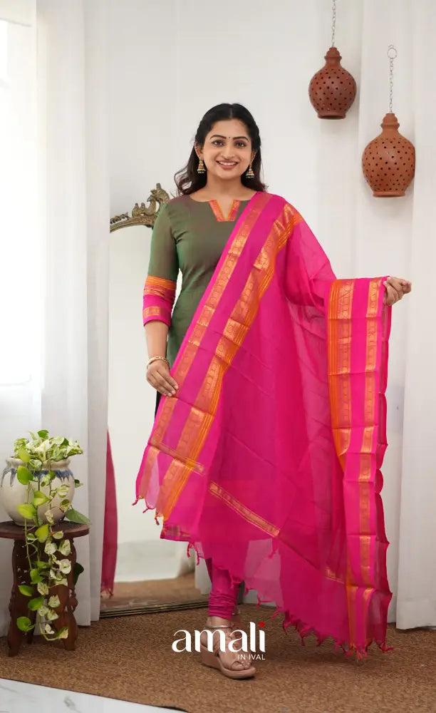 Meera Chettinad Cotton Salwar - Manthalir Green and Bright Pink - salwar