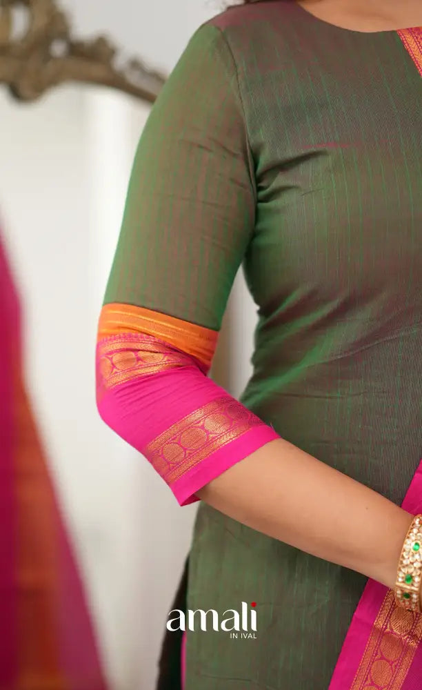 Meera Chettinad Cotton Salwar - Manthalir Green and Bright Pink - salwar