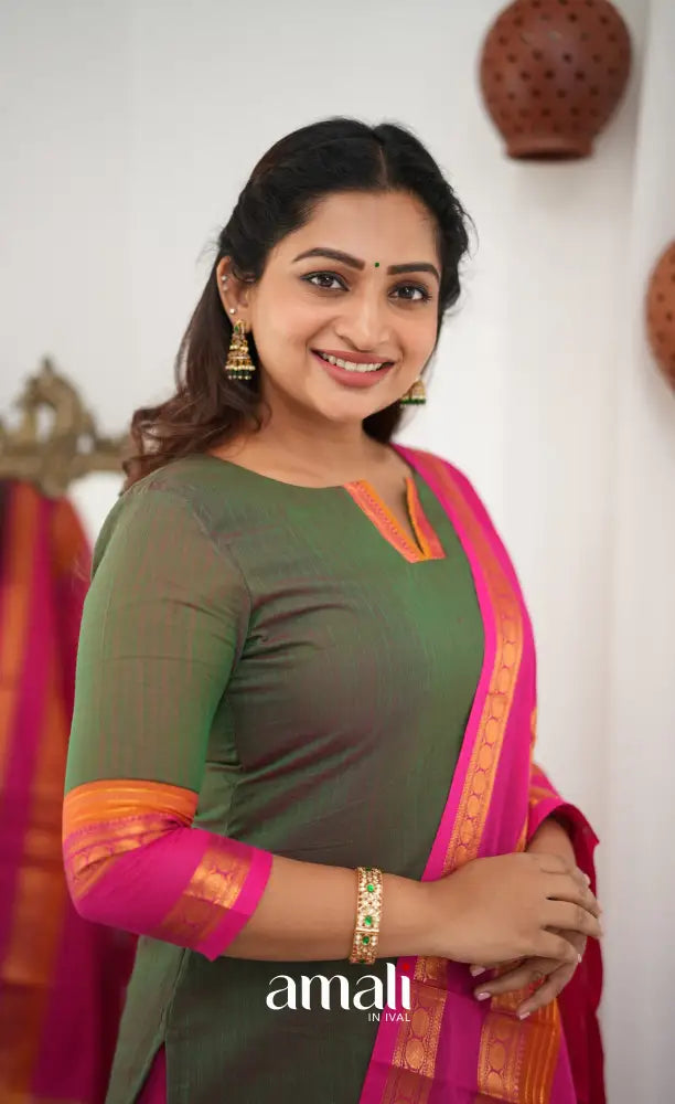 Meera Chettinad Cotton Salwar - Manthalir Green and Bright Pink - salwar