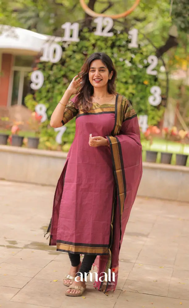 Meera Chettinad Cotton Salwar - Mauve and Black salwar