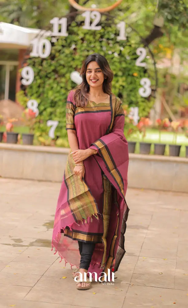 Meera Chettinad Cotton Salwar - Mauve and Black salwar