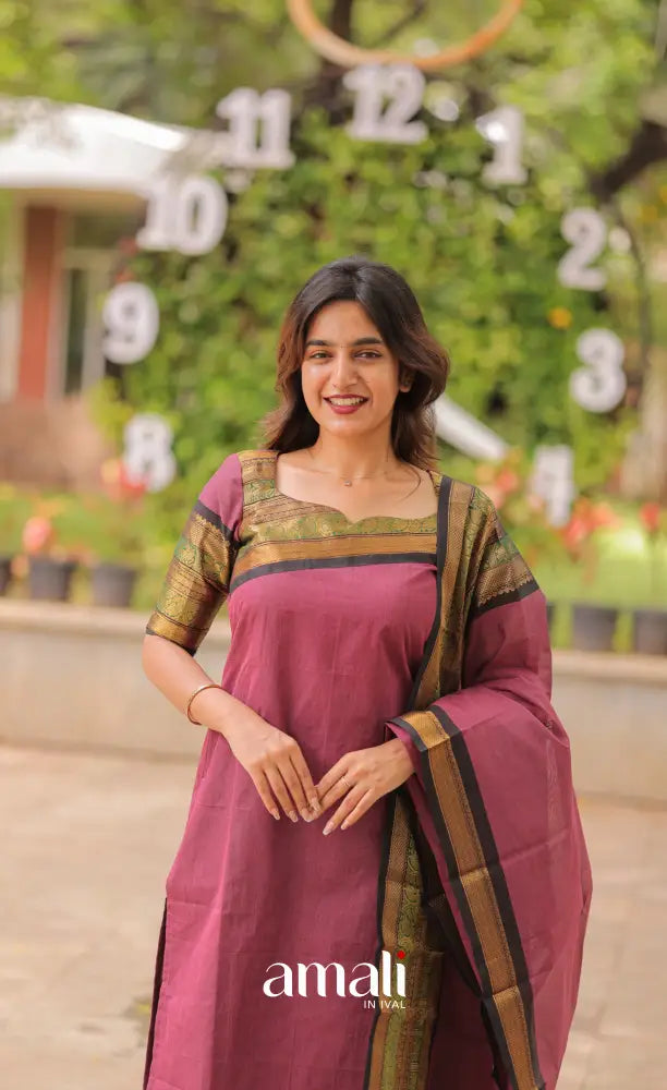 Meera Chettinad Cotton Salwar - Mauve and Black salwar