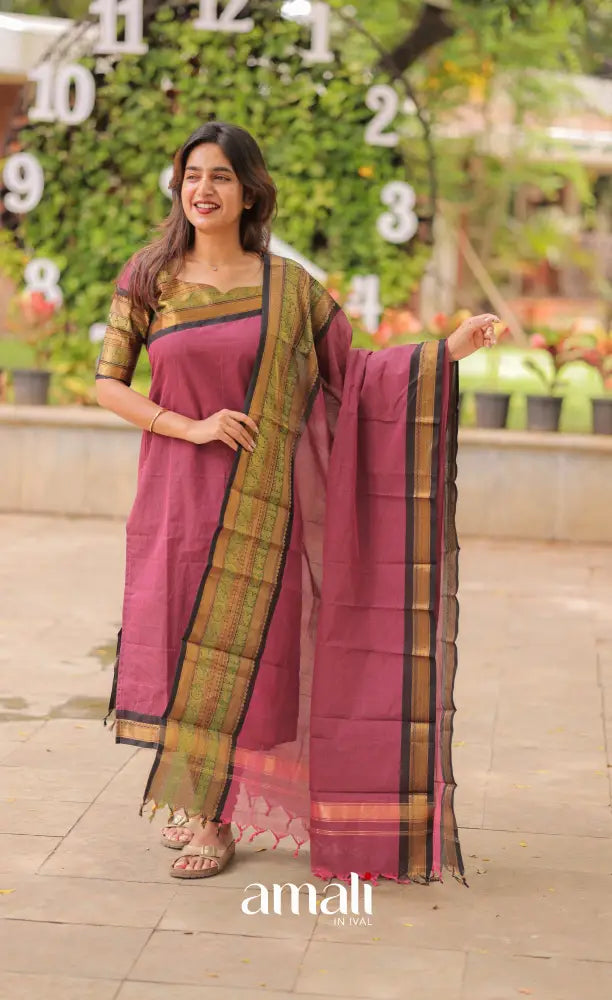 Meera Chettinad Cotton Salwar - Mauve and Black salwar