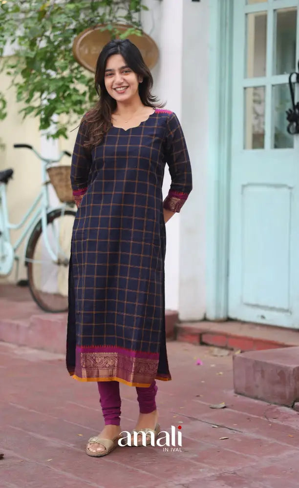 Meera Chettinad Cotton Salwar - Navy Blue and Mustard salwar