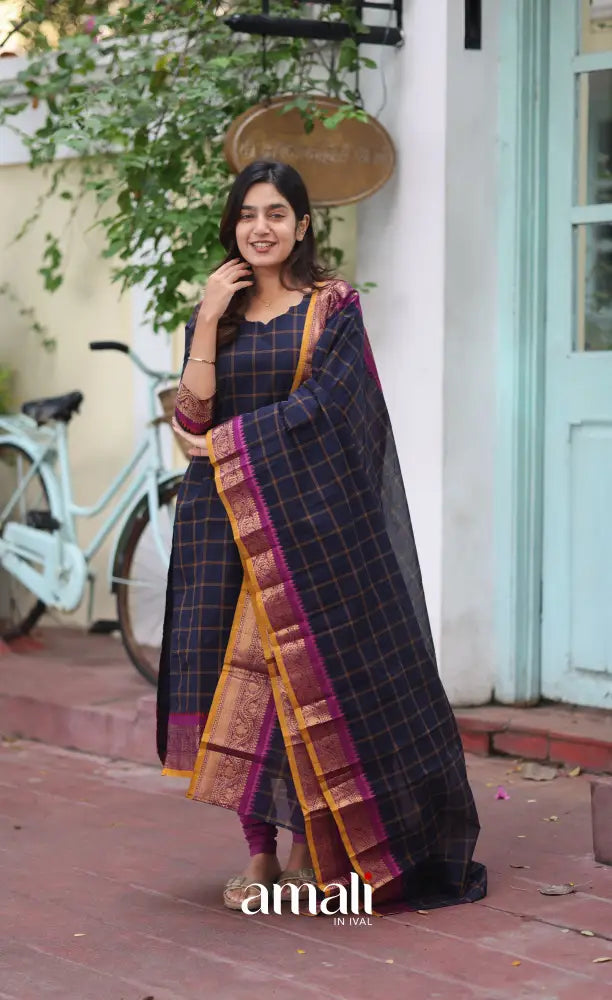 Meera Chettinad Cotton Salwar - Navy Blue and Mustard salwar