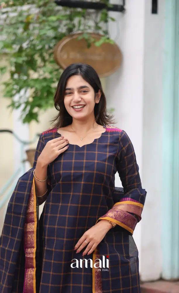 Meera Chettinad Cotton Salwar - Navy Blue and Mustard salwar