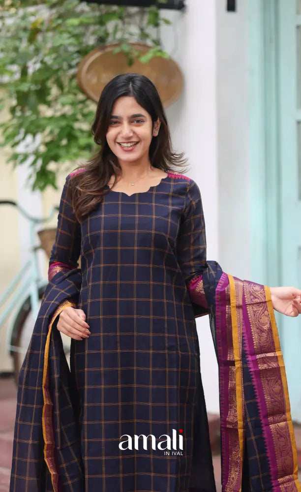 Meera Chettinad Cotton Salwar - Navy Blue and Mustard salwar