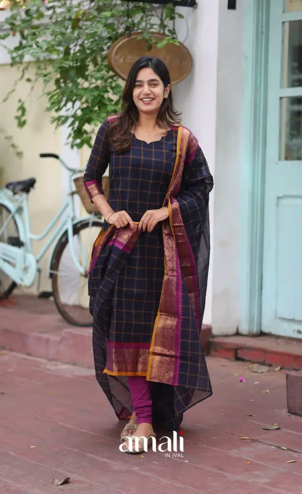Meera Chettinad Cotton Salwar - Navy Blue and Mustard salwar