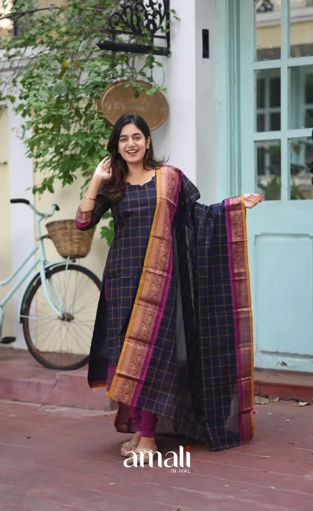 Meera Chettinad Cotton Salwar - Navy Blue and Mustard salwar