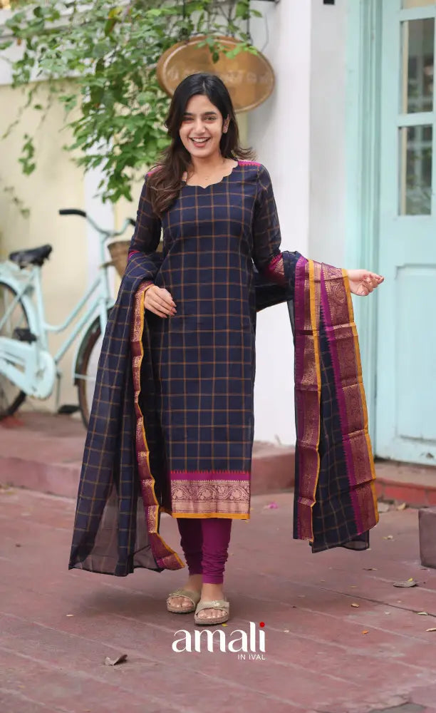 Meera Chettinad Cotton Salwar - Navy Blue and Mustard salwar