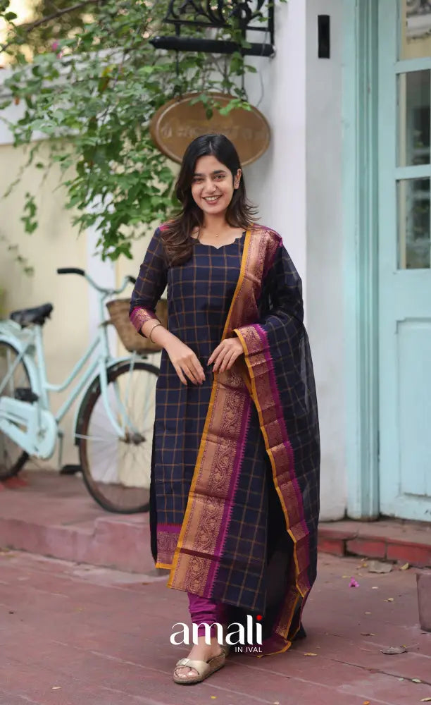 Meera Chettinad Cotton Salwar - Navy Blue and Mustard salwar