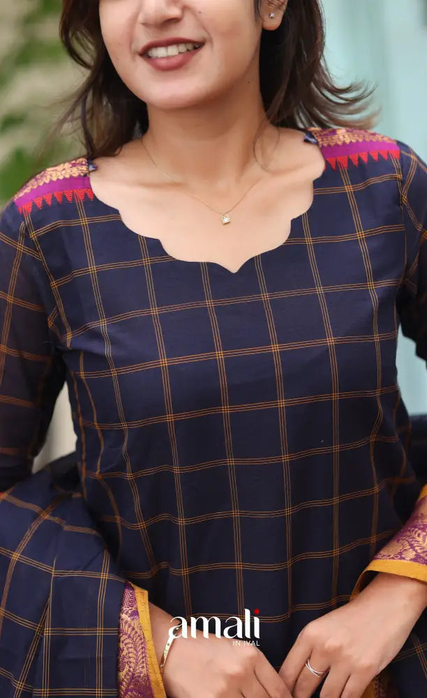 Meera Chettinad Cotton Salwar - Navy Blue and Mustard salwar