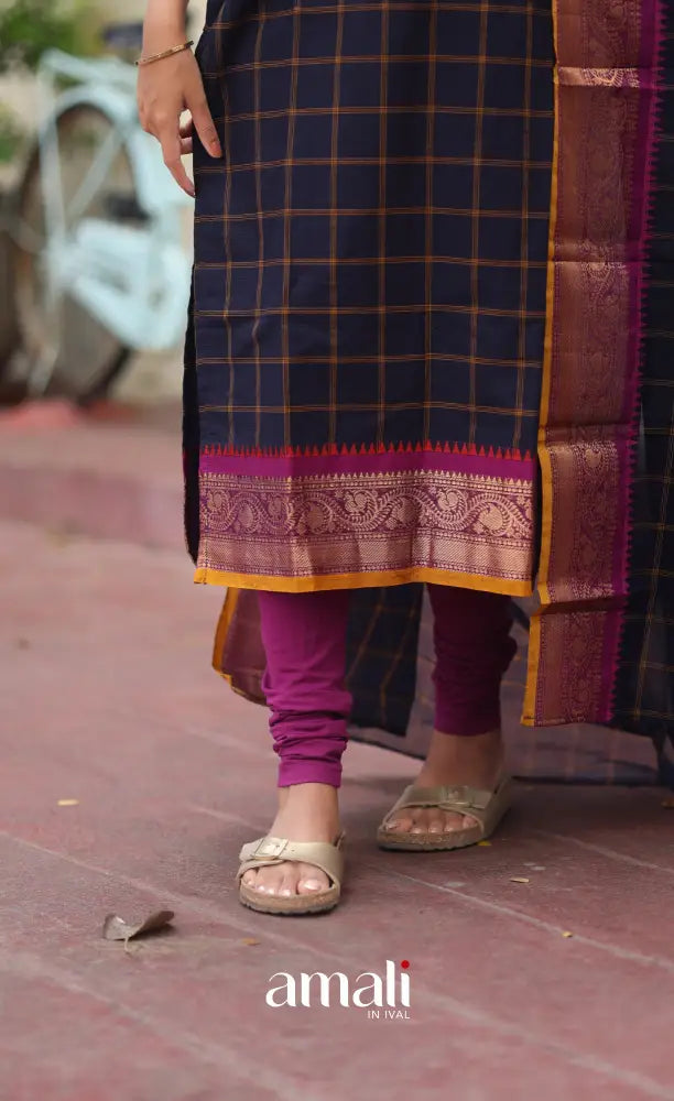 Meera Chettinad Cotton Salwar - Navy Blue and Mustard salwar