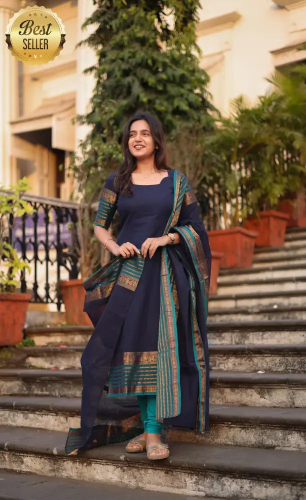 Meera Cotton Salwar - Navy Blue and Peacock Blue salwar