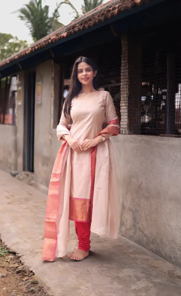 Meera Cotton Salwar - Off white and Orangish pink salwar