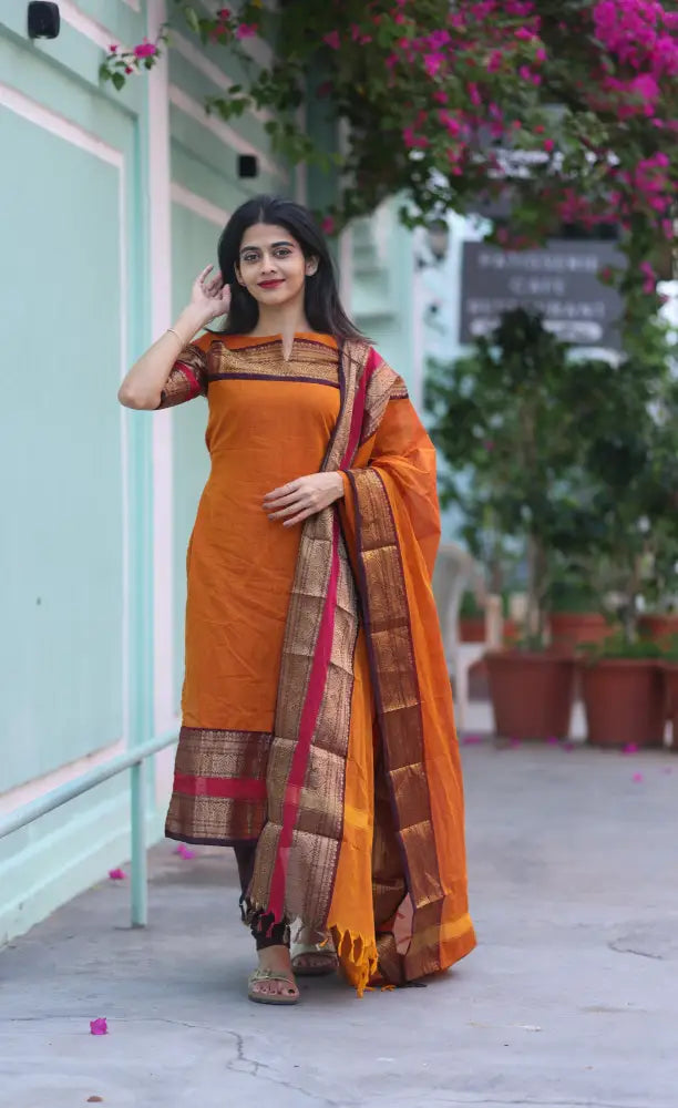 Meera Chettinad Cotton Salwar - Orange and dark Brown salwar