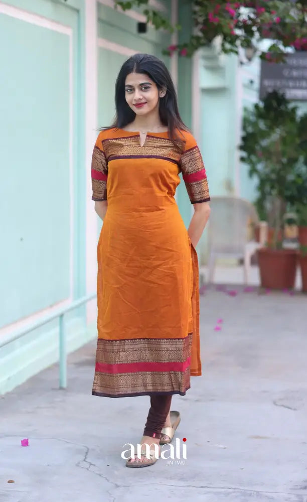 Meera Chettinad Cotton Salwar - Orange and dark Brown salwar