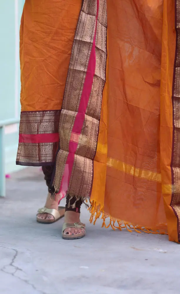 Meera Chettinad Cotton Salwar - Orange and dark Brown salwar