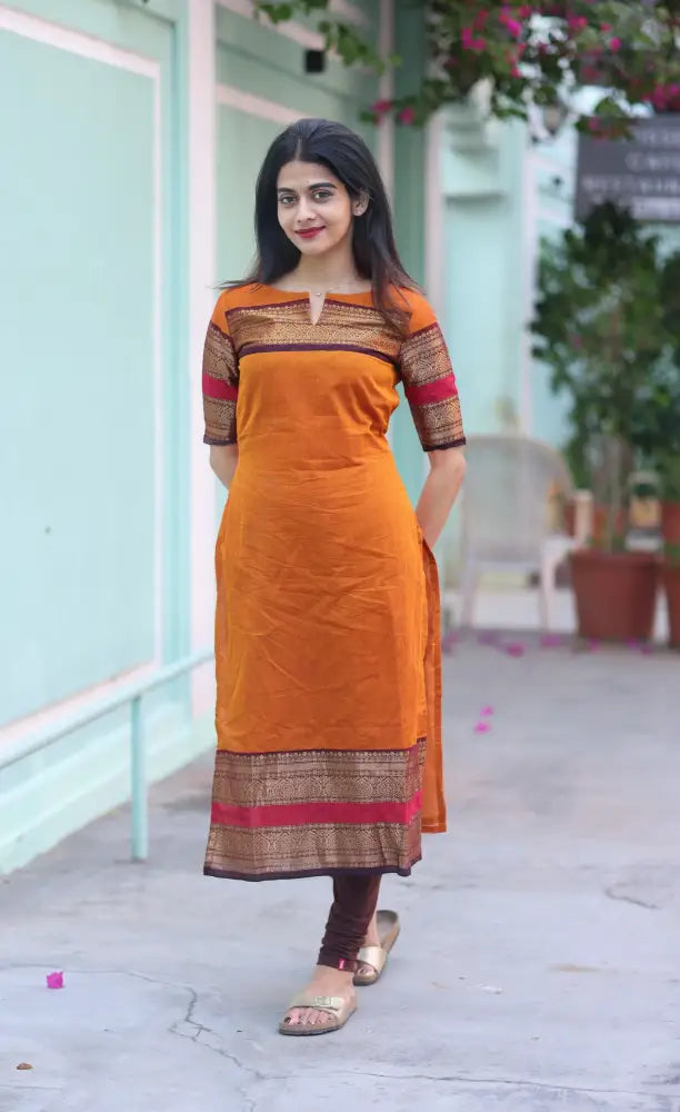 Meera Chettinad Cotton Salwar - Orange and dark Brown salwar