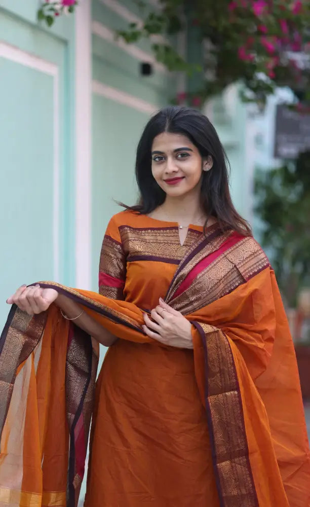 Meera Chettinad Cotton Salwar - Orange and dark Brown salwar