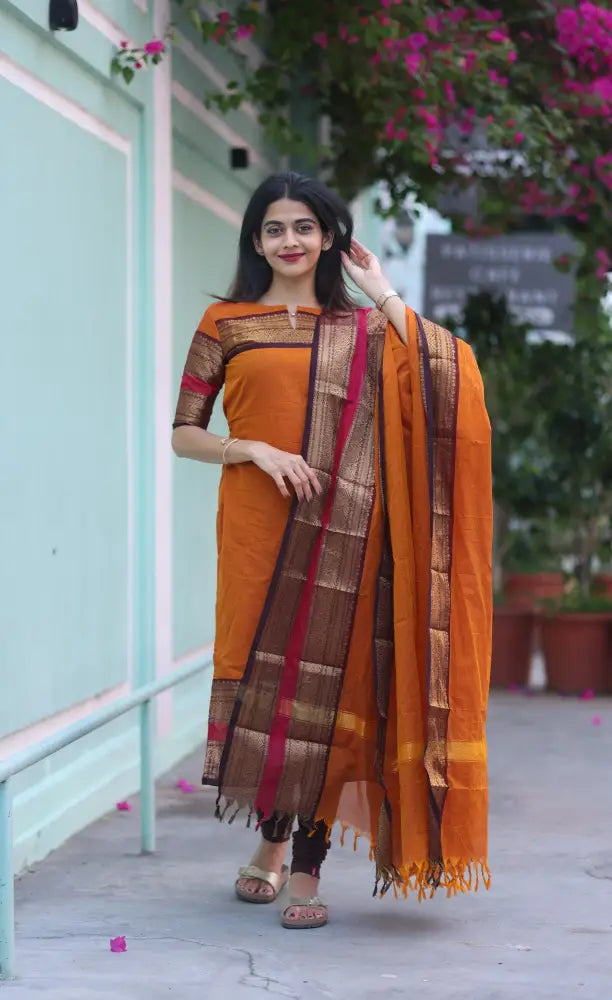 Meera Chettinad Cotton Salwar - Orange and dark Brown salwar