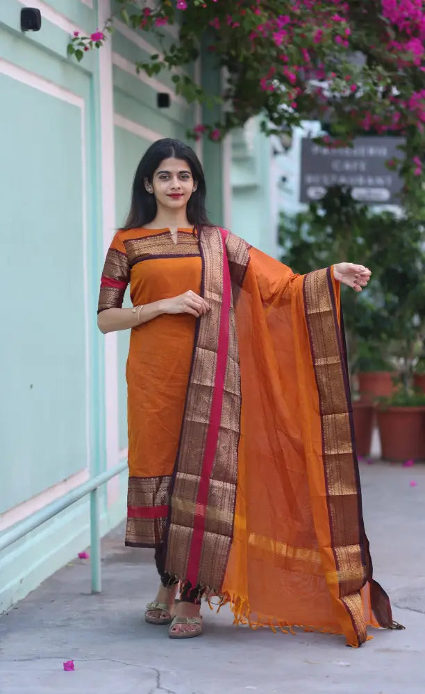 Meera Chettinad Cotton Salwar - Orange and dark Brown salwar