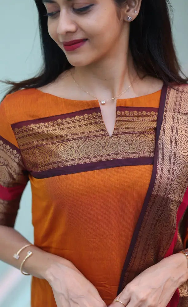 Meera Chettinad Cotton Salwar - Orange and dark Brown salwar