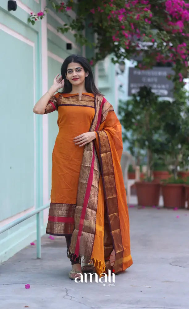 Meera Chettinad Cotton Salwar - Orange and dark Brown salwar