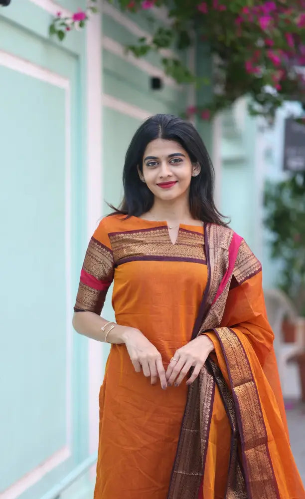 Meera Chettinad Cotton Salwar - Orange and dark Brown salwar