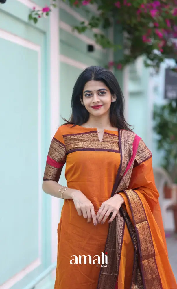 Meera Chettinad Cotton Salwar - Orange and dark Brown salwar