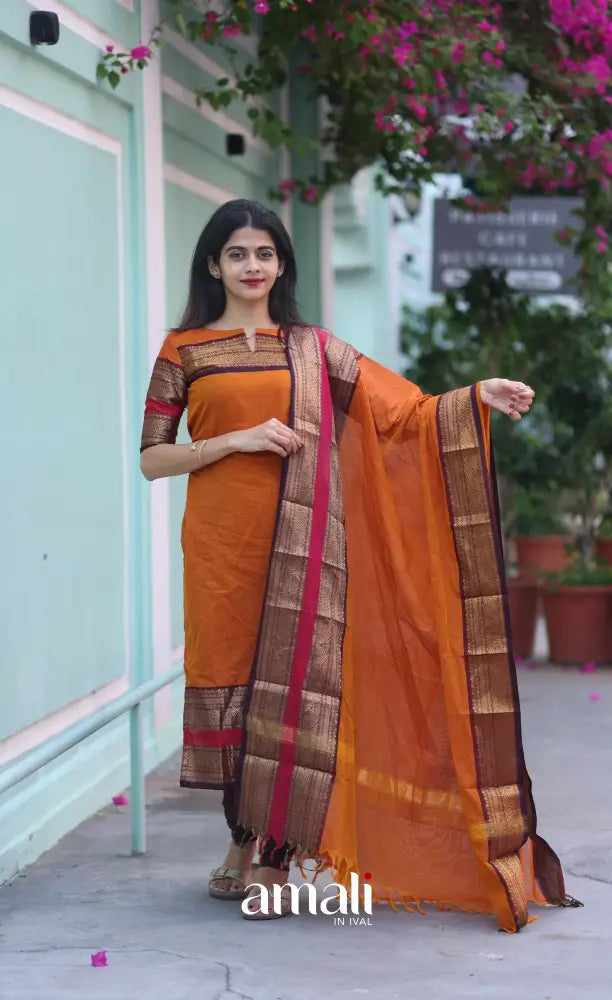 Meera Chettinad Cotton Salwar - Orange and dark Brown salwar