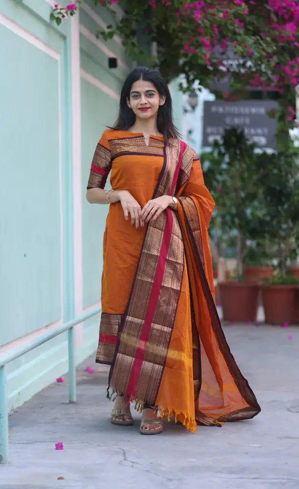 Meera Chettinad Cotton Salwar - Orange and dark Brown salwar
